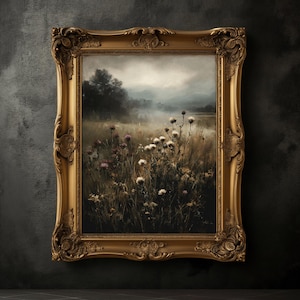 Prado com flores silvestres, estampa floral vintage, arte de parede botânica, decoração rústica, estampa botânica escura, academia escura, estética escura