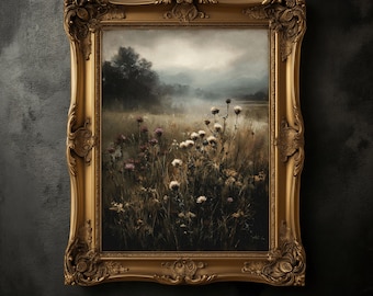 Vintage Meadow Wildflower Print, Dark Academia Botanical Art