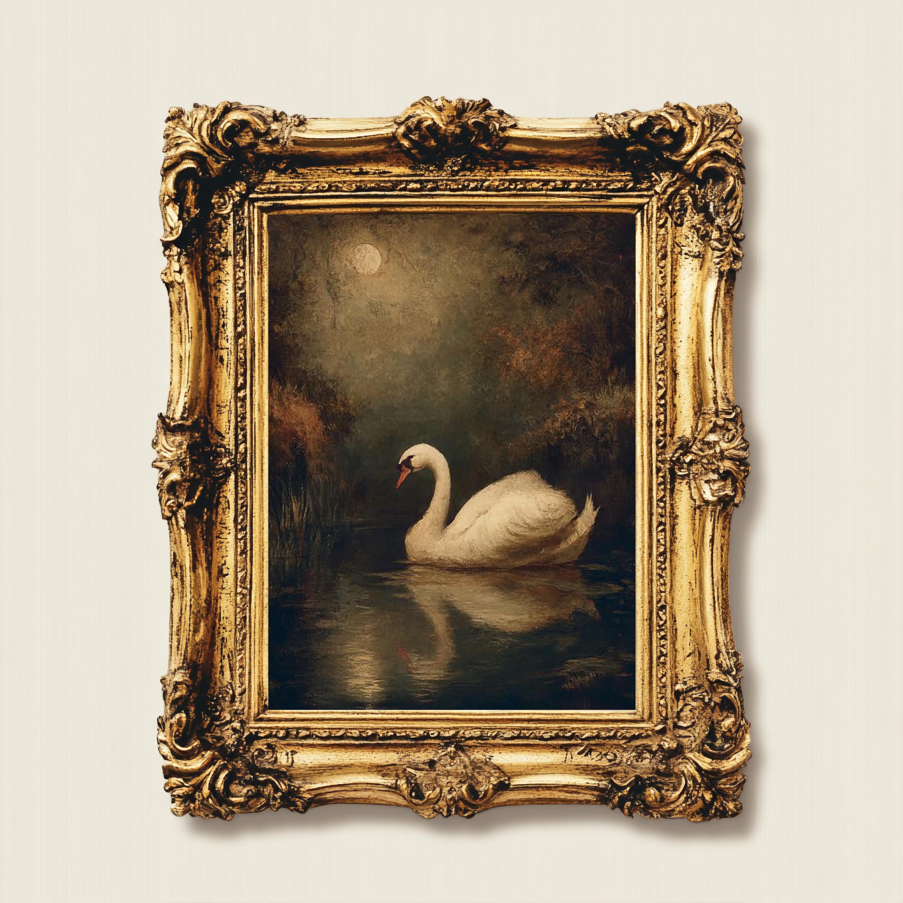 月明かりに照らされた憂鬱な白鳥のプリント、アンティークな黒鳥の