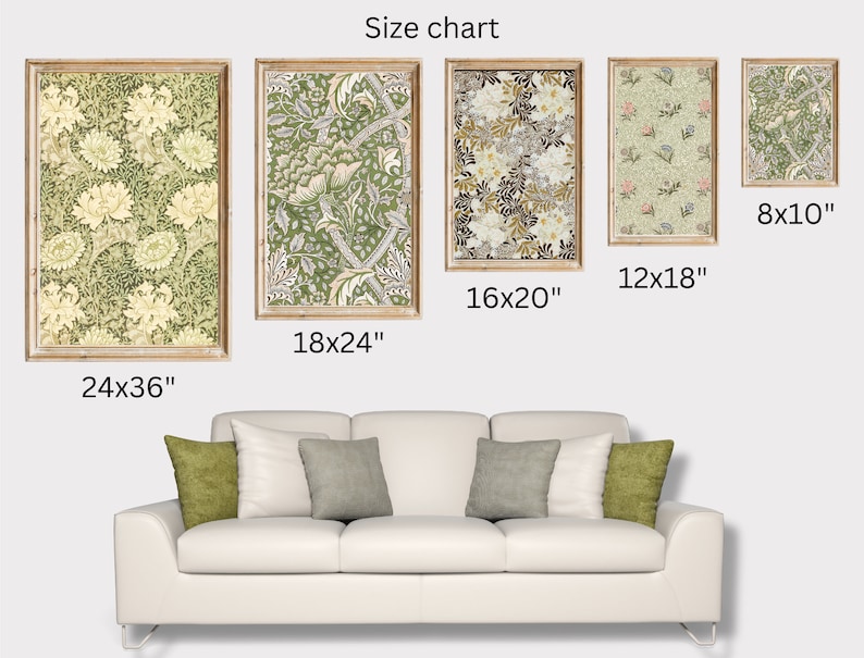 May include: Size chart for floral patterned wall art prints. The prints are available in five sizes: 8x10 inches, 12x18 inches, 16x20 inches, 18x24 inches, and 24x36 inches.