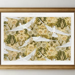 Impresión de palomas y lirios, pintura de Maurice Pillard Verneuil, arte mural de pájaros en colores suaves, póster vintage de pájaros, arte mural de animales, decoración de habitaciones