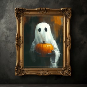 Ghost Holding a Pumpkin Halloween Print, Halloween Art Poster, Spooky Ghost Wall Art, Fall Decoration, Halloween Wall Decor, Dark Academia