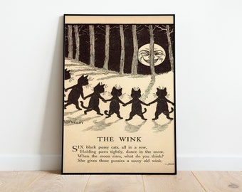 Dancing Cats Art Print, Vintage Moonlight Poster, Art Deco Wall Decor