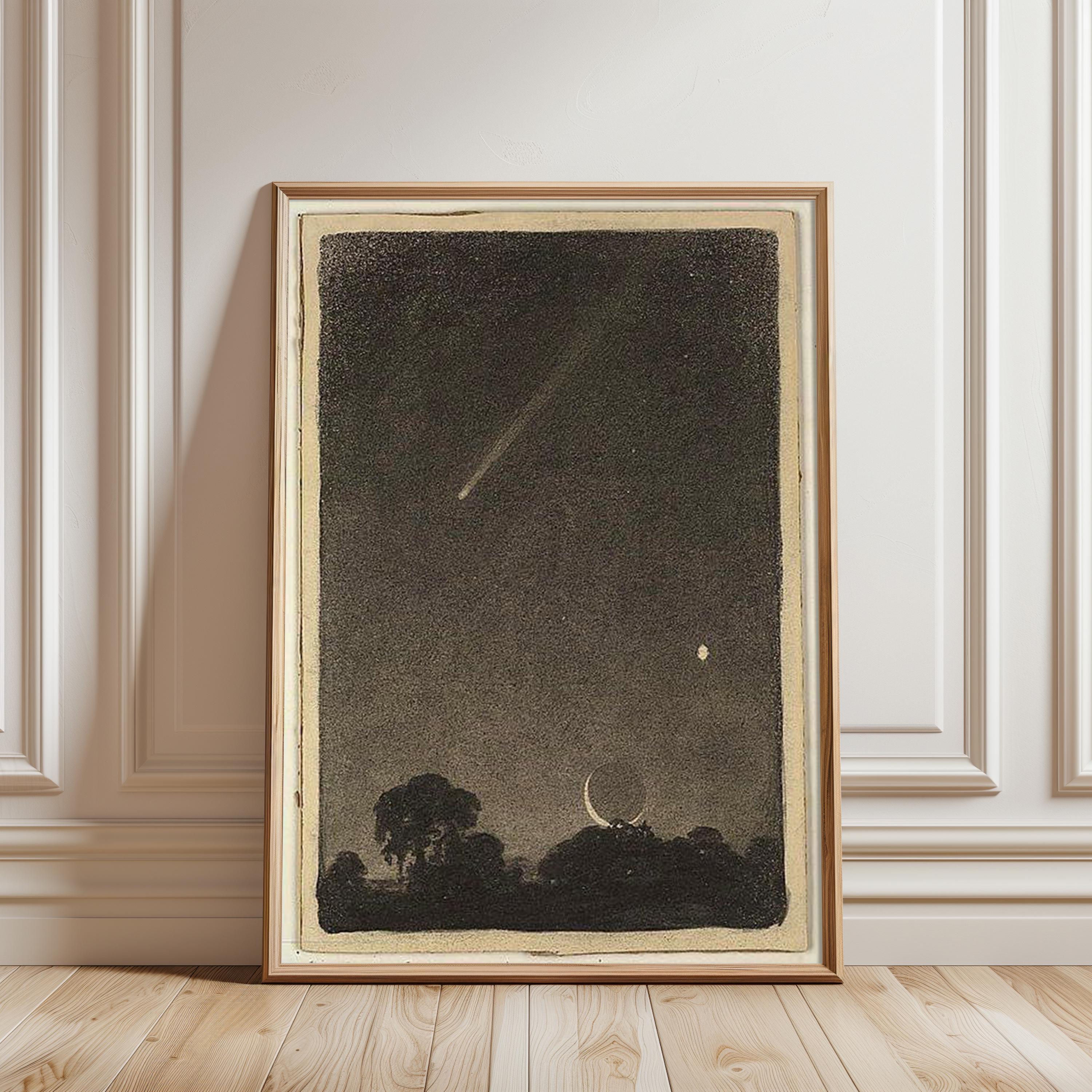 Vintage Night Sky Poster, Crescent Moon Comet Print, Celestial Wall Art ...