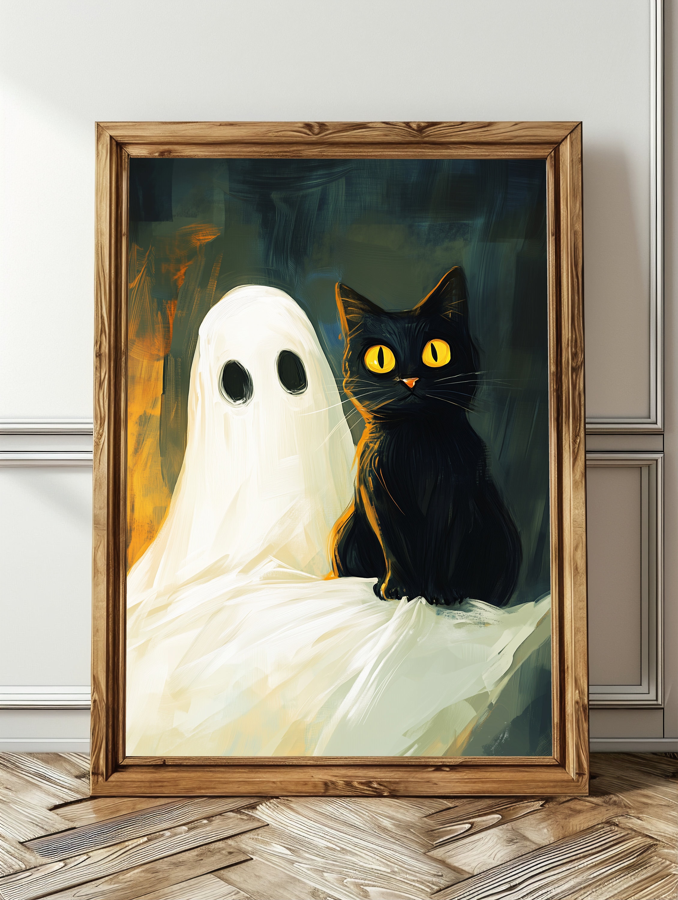 Ghost and Black Cat Halloween Art Print, Spooky Fall Decor - Etsy