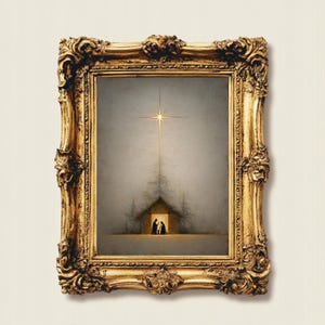 May include: A framed artwork featuring a nativity scene. The painting depicts a star shining over a small building with two figures inside. The frame is ornate, with a gold finish and intricate detailing.