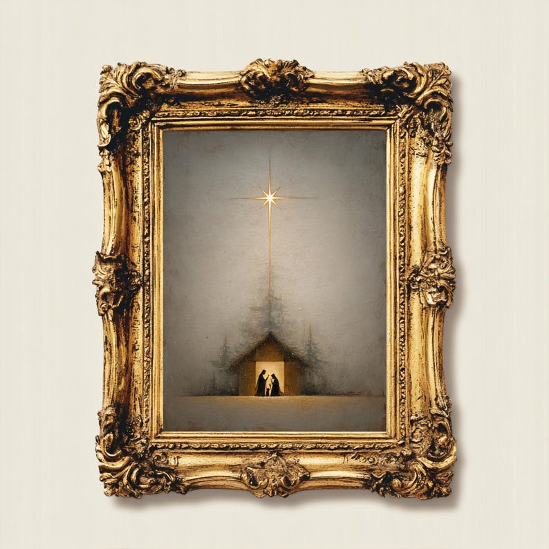 May include: A framed artwork featuring a nativity scene. The painting depicts a star shining over a small building with two figures inside. The frame is ornate, with a gold finish and intricate detailing.