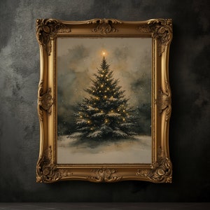 Vintage Moody Christmas Tree Print, Christmas Decor Printable Wall Art, Moody Natural Antique Holiday Winter Evergreen Tree Large Painting