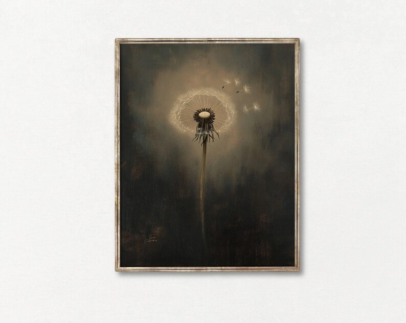 May include: A framed art print featuring a close-up of a dandelion seed head. The artwork has a muted color palette with a dark background and a soft, diffused light highlighting the dandelion. Several seeds are floating away.
