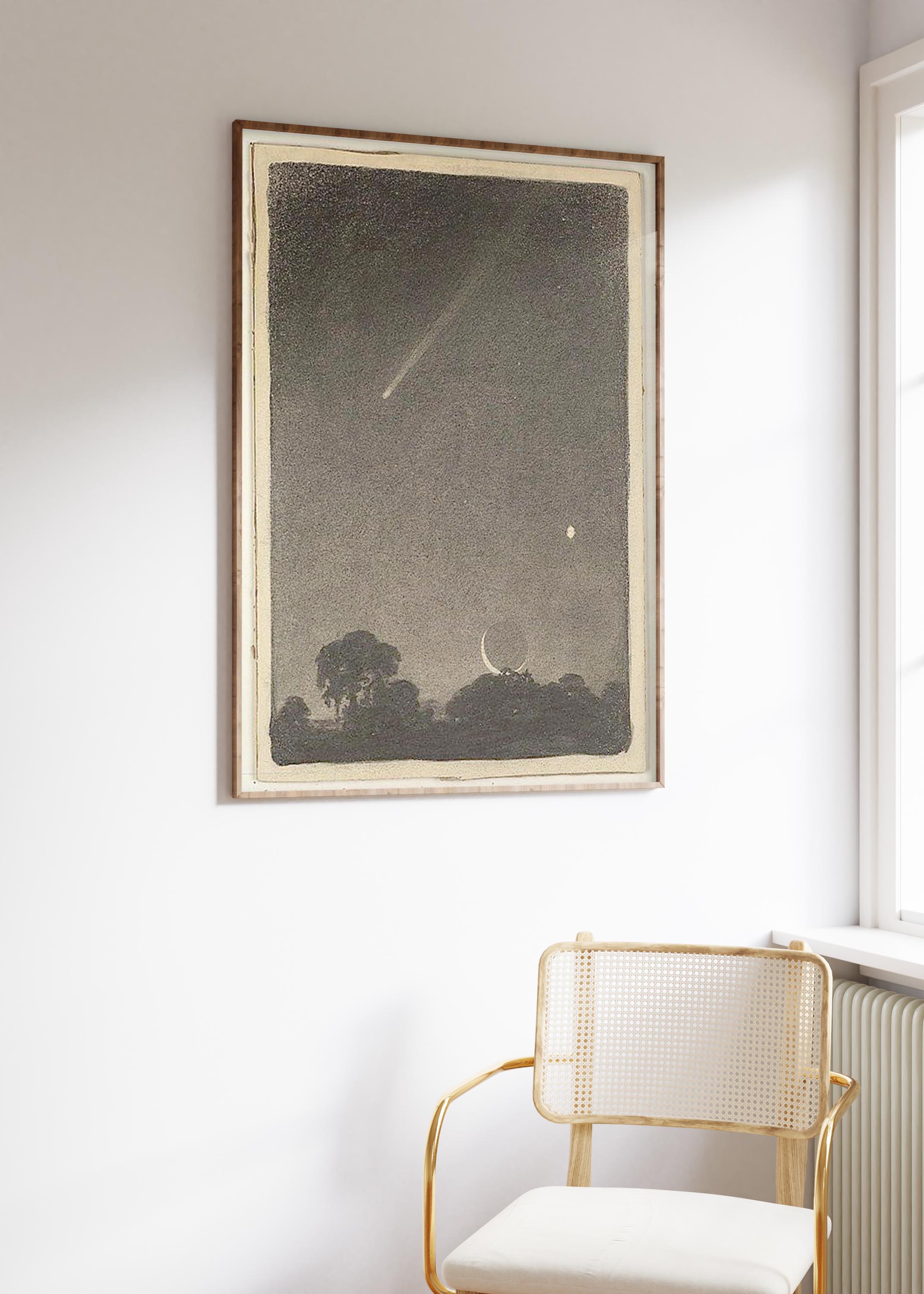 Vintage Night Sky Poster, Crescent Moon Comet Print, Celestial Wall Art ...