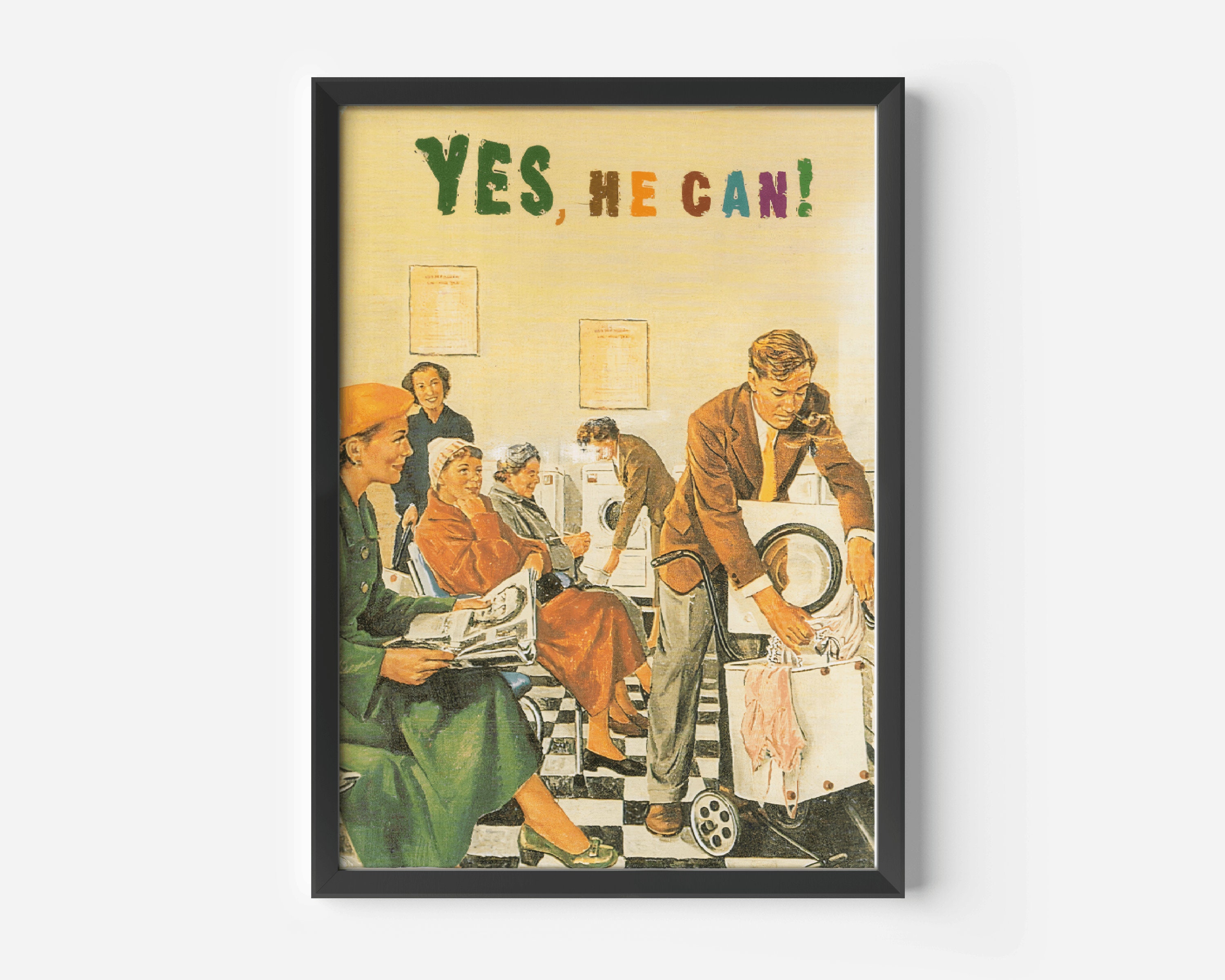 Funny Retro Poster With a Man Doing Laundry in a Laundromat