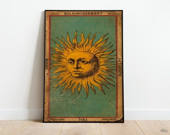 Sun Human Face Tarot Card Print, Vintage Poster, Art Deco, Vintage Print, Colorful Wall Art, Large Wall Art Print, Decor, Retro Poster