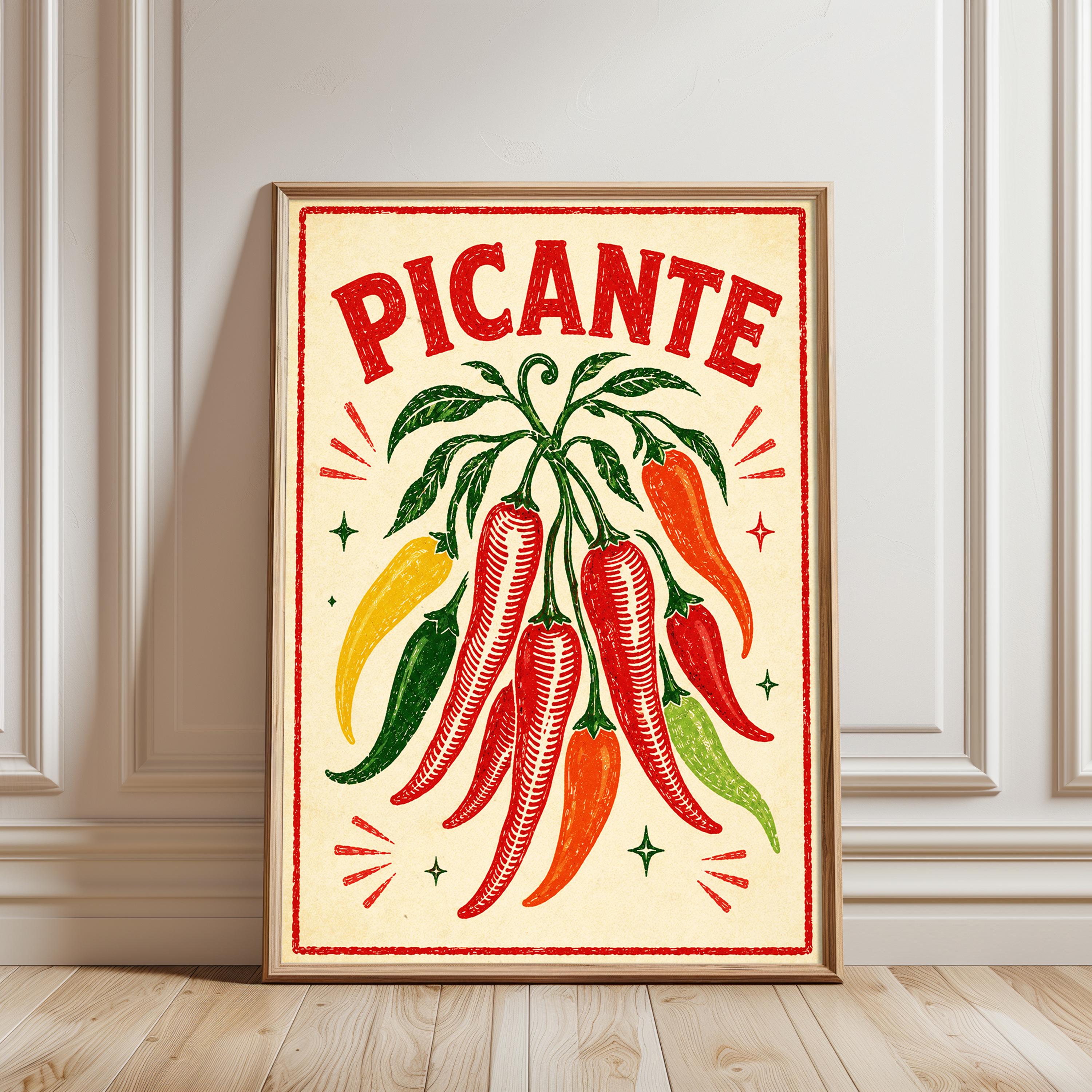 Picante Chili Pepper Print, Vintage Mexican Kitchen Art, Retro