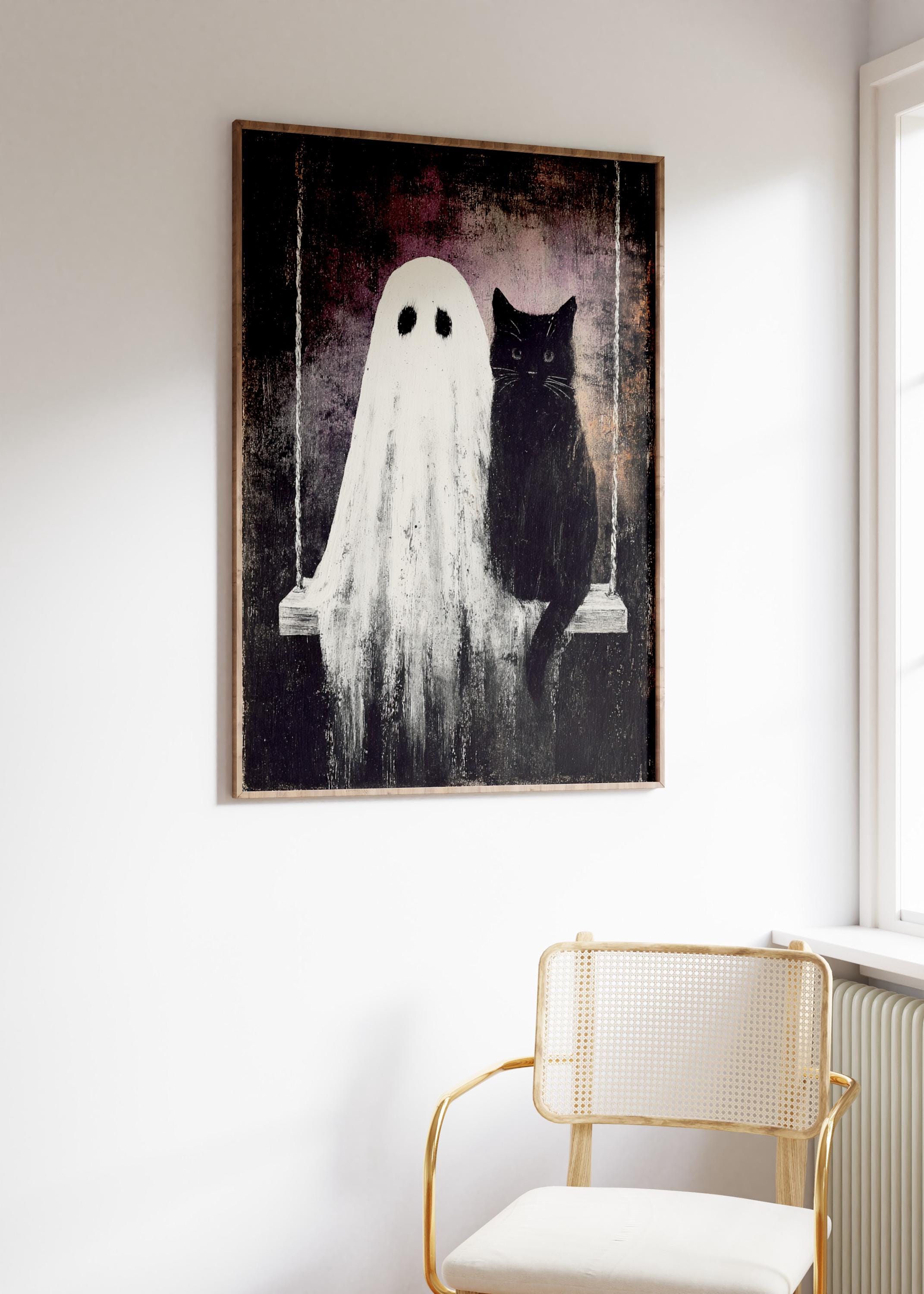 Black Cat and Ghost Halloween Art Poster, Spooky Wall Decor - Etsy