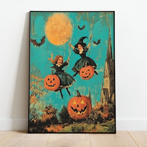Halloween Witchy Wall Art, Two Witches Print, Vintage Halloween Printable Art, Spooky Witch Wall Decor, Witch Poster, Spooky Season Art