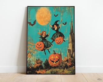 Vintage Halloween Witches Art Print, Spooky Season Wall Decor
