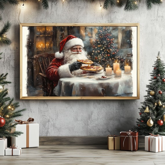 ピザを食べるサンタクロースのポスター、ヴィンテージクリスマス壁飾り