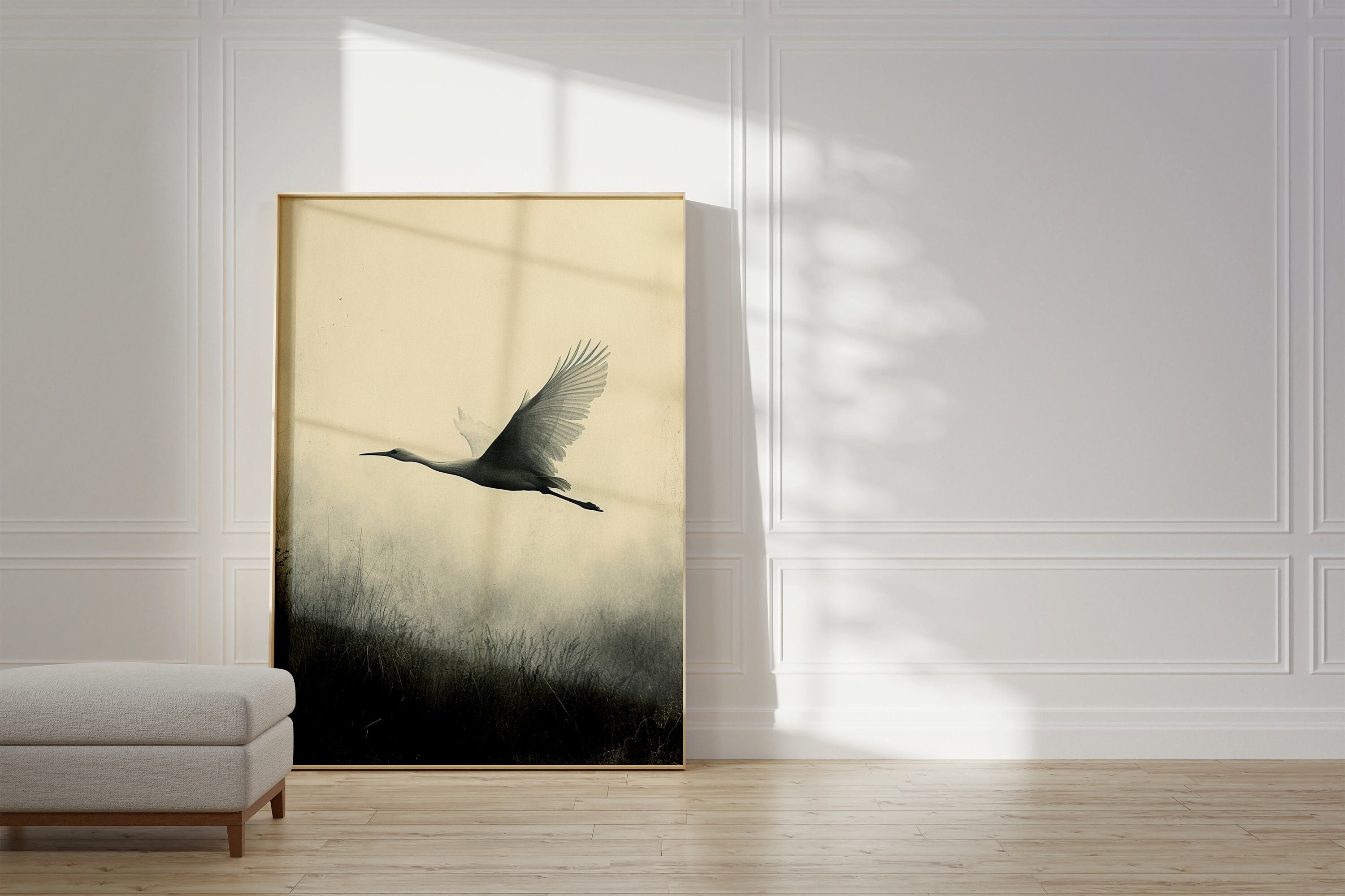 White Crane Flying Painting, Muted Crane Print, Muted Tones, Antique Japan Bird Painting, Bird Wall Art, Dust Field, Large Art, Crane Poster