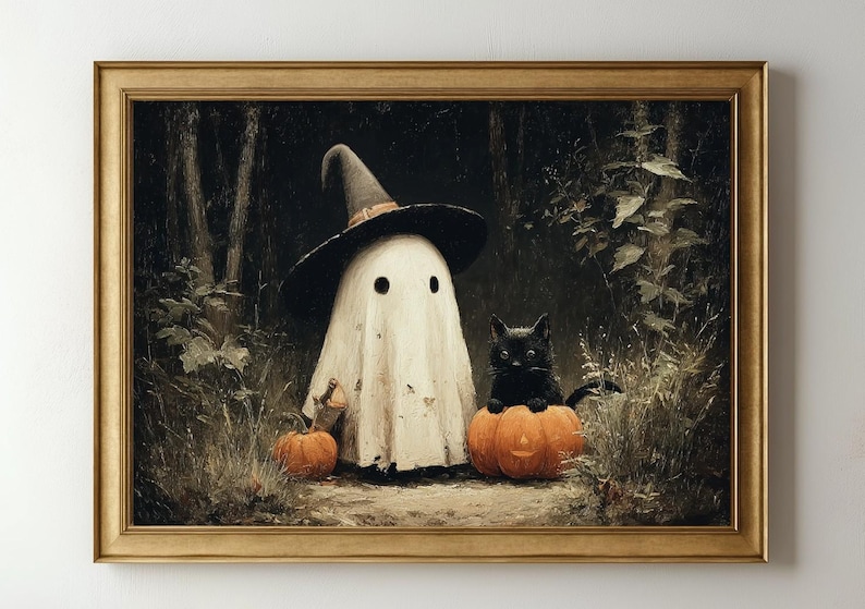 May include: A framed Halloween-themed painting. A ghost wearing a witch hat stands between two pumpkins, with a black cat perched on one. The artwork is set in a forest with a dark, muted color palette.
