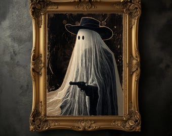 Ghost Cowboy Halloween Poster, Spooky Wild West Art