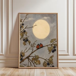 May include: A framed watercolour print depicting a full moon in a cloudy sky. Two ladybirds sit on a branch with leaves and dark berries. The artwork has a vintage, storybook aesthetic.