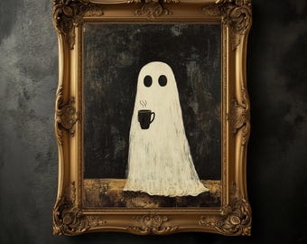 Ghost Drinking Coffee Art Poster, Spooky Halloween Decor