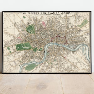 Mapa antigo da cidade de Londres vintage, extraído de pesquisa autêntica (1853) por J. Whitbread, mapa retrô de Londres, mapa da Grã-Bretanha, ilustração de Londres
