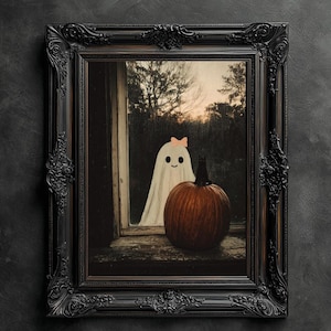 Black Cat, Ghost and Pumpkin Print, Halloween Art Poster, Spooky Ghost Wall Art, Fall Decoration, Halloween Wall Decor, Dark Academia