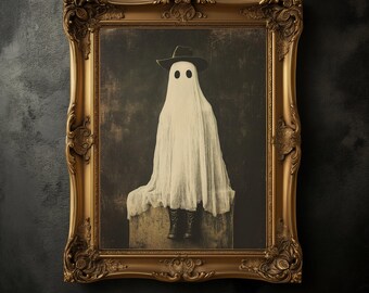 Può includere: Un ritratto incorniciato di un fantasma con cappello nero e stivali. Il fantasma è avvolto in un lenzuolo bianco, con due fori neri per gli occhi. La cornice dorata ornata aggiunge un tocco di eleganza all'opera d'arte spettrale.