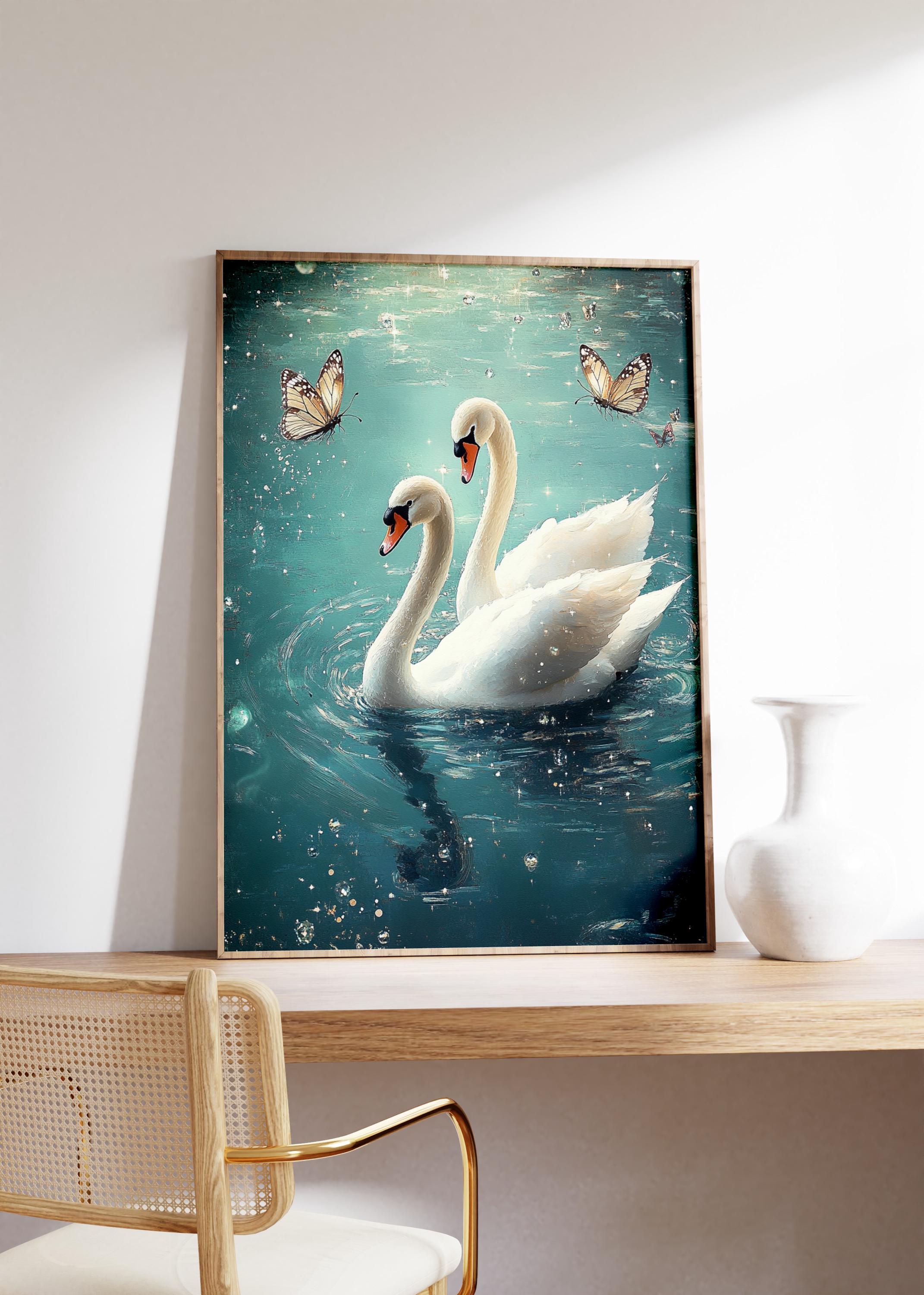 Vintage Pair of Swans Print, Swan Poster, Soft Color Swan Wall Art