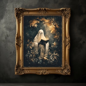 Ghost Reading a Book Print, Halloween Art Poster, Spooky Ghost Wall Art, Fall Decoration, Halloween Wall Decor, Dark Academia