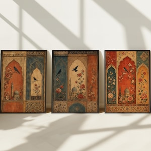 May include: Three framed art prints with an ornate, vintage design. Each print features a central archway with a bird, floral elements, and a small domed structure. The color palette includes shades of red, blue, and gold, creating a warm, inviting aesthetic.