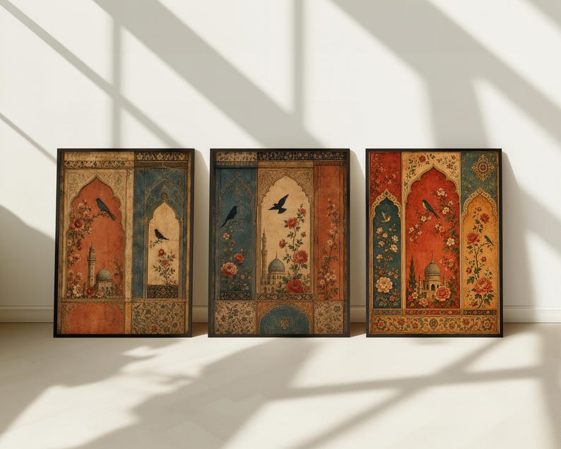 May include: Three framed art prints with an ornate, vintage design. Each print features a central archway with a bird, floral elements, and a small domed structure. The color palette includes shades of red, blue, and gold, creating a warm, inviting aesthetic.