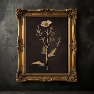 Impressão de flores silvestres únicas e temperamentais, impressão floral vintage, arte de parede botânica, decoração rústica, impressão botânica escura, academia escura, estética escura