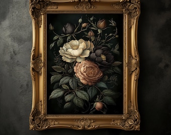 Vintage Black Peony Print, Gothic Victorian Botanical Wall Art