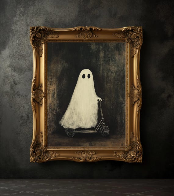 額装品/Ghost of/メリケ・エストナ/アート/ポスター/インテリア Ghost Riding Scooter Halloween Art Poster, Spooky Fall Decor - Etsy