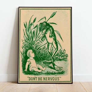 Don't be nerveus, grappige vintage kikkerposter, art deco, vintage print, kleurrijke muurkunst, grote muurkunst print, decor, retro poster