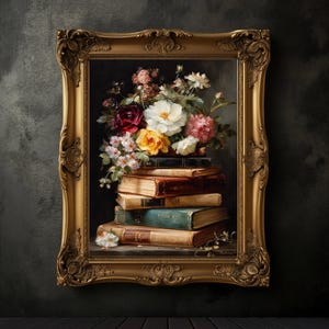 Impressão de pilha de livros e flores, pôster de livro sombrio, arte de parede botânica sombria, decoração rústica para casa, impressão escura, academia sombria, estética sombria
