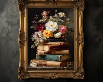 Vintage Books and Flowers Art Print, Dark Academia Poster