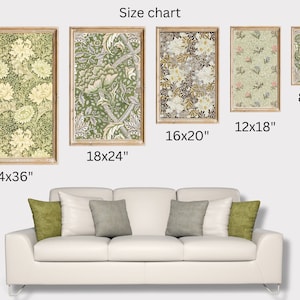 May include: Size chart for framed art prints with floral patterns. The prints are available in five sizes: 8x10 inches, 12x18 inches, 16x20 inches, 18x24 inches, and 24x36 inches.