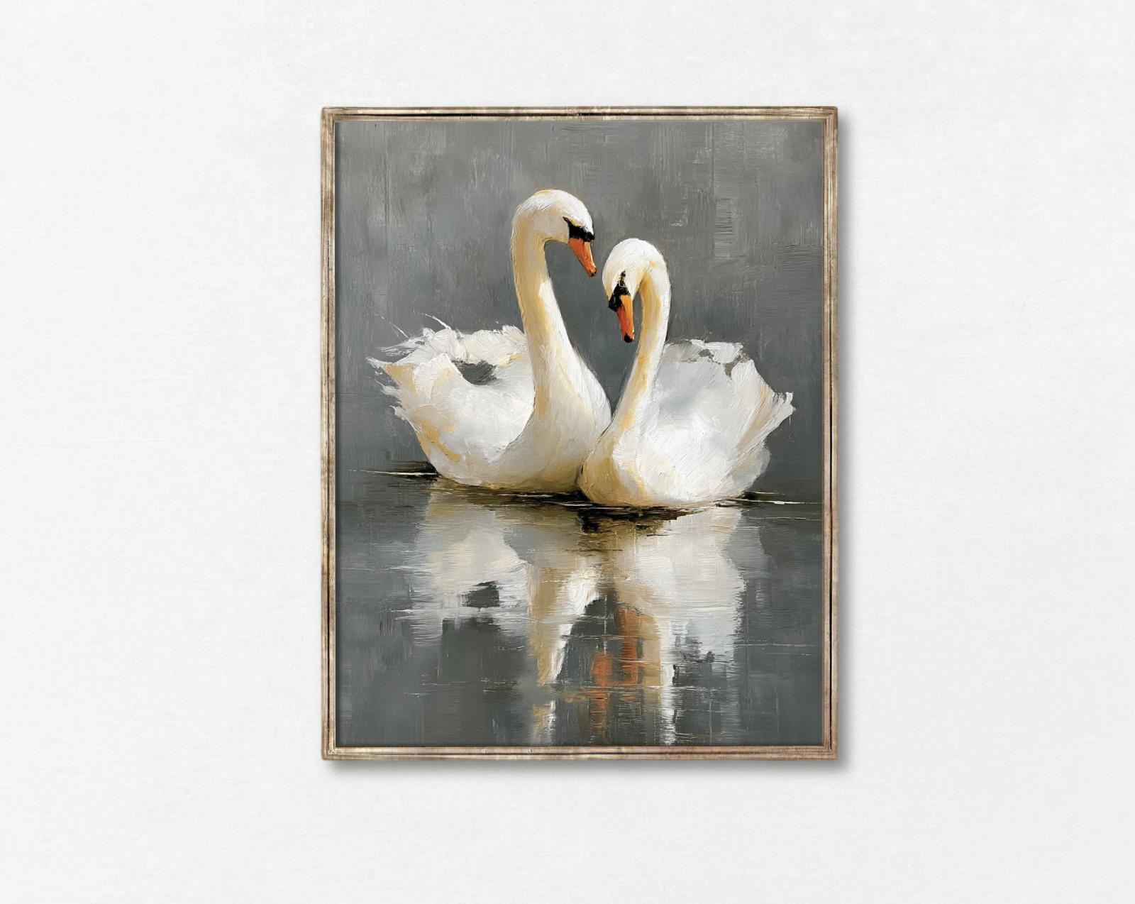 Vintage Swan Art Print, Two Swans Illustration, Soft Color Wall