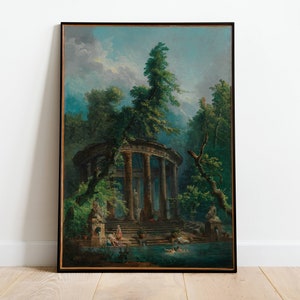 May include: A painting depicting a classical ruin in a lush forest setting. The ruins are a circular structure with columns and a roof, surrounded by trees and foliage. There are figures in the water in front of the ruins, and the sky is a light blue with clouds.