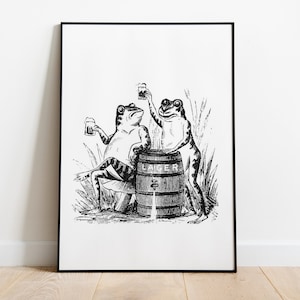 Póster vintage de dos ranas bebiendo cerveza, art déco, impresión vintage, arte mural colorido, impresión artística grande, póster retro, regalo para amantes de la cerveza