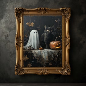Black Cat Ghost and Pumpkin Print, Halloween Art Poster, Spooky Ghost Wall Art, Fall Decoration, Halloween Wall Decor, Dark Academia