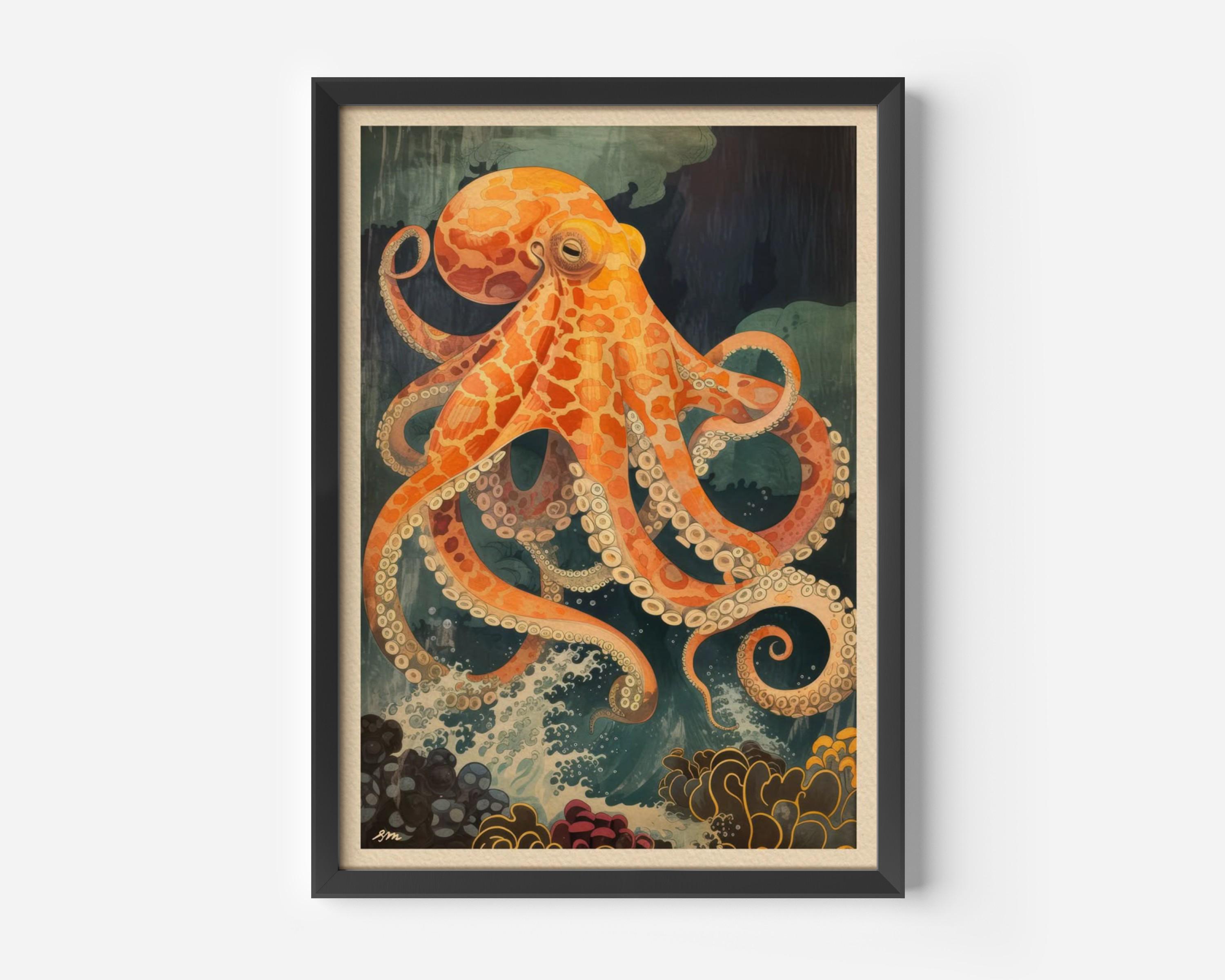 ヴィンテージのタコの絵画、日本のタコの版画、落ち着いたグリーンの