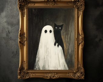May include: A framed painting featuring a white ghost with black eye holes and a black cat. The painting is in a gold ornate frame. The background is dark, creating a spooky Halloween theme.