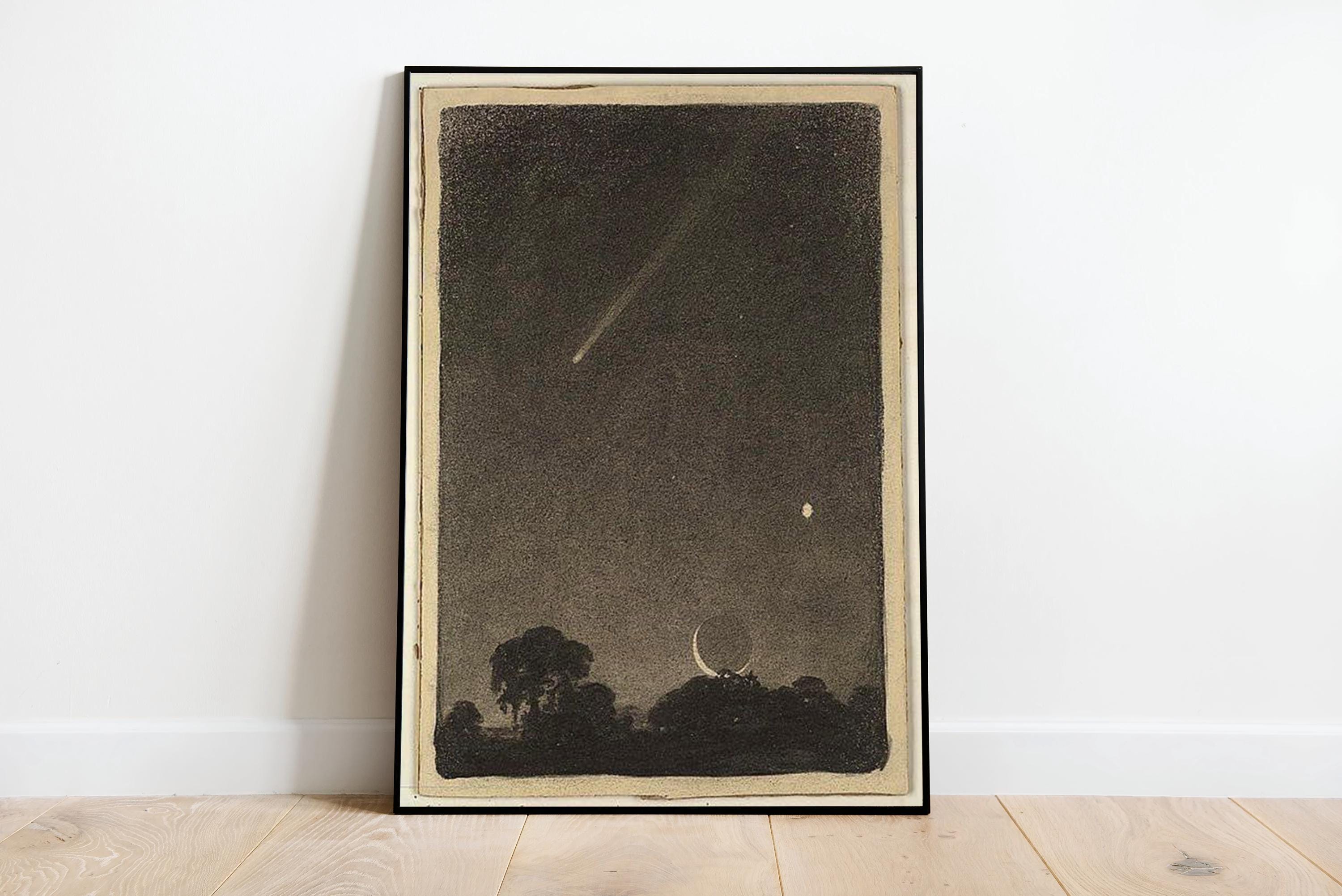 Vintage Night Sky Poster, Crescent Moon Comet Print, Celestial Wall Art ...