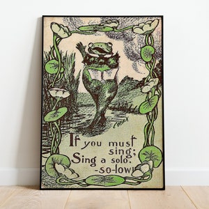 Grappige zingende kikker vintage poster, art deco, vintage print, kleurrijke muurkunst, grote muurkunst print, kamerdecoratie, retro kikker illustratie