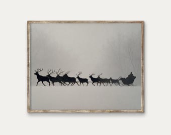 Vintage Santa Sleigh Reindeer Print, Snowy Christmas Decor