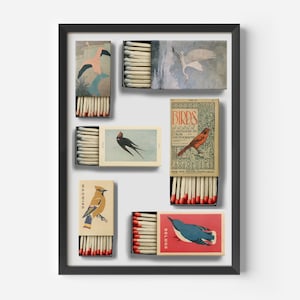 Vintage Bird Matchbox Collage, Matchbox Compilation, Swallow Matchbox Art, Retro Wall Art, Bar Poster, Matchbox Print, Room Decor